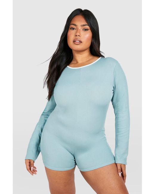 Boohoo Blue Plus Rib Contrast Binding Playsuit