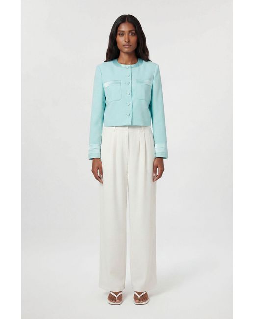 Karen Millen Blue Satin Tux Tailored Collarless Cropped Blazer