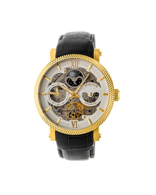 Heritor Metallic Aries Skeleton Leather-Band Watch for men