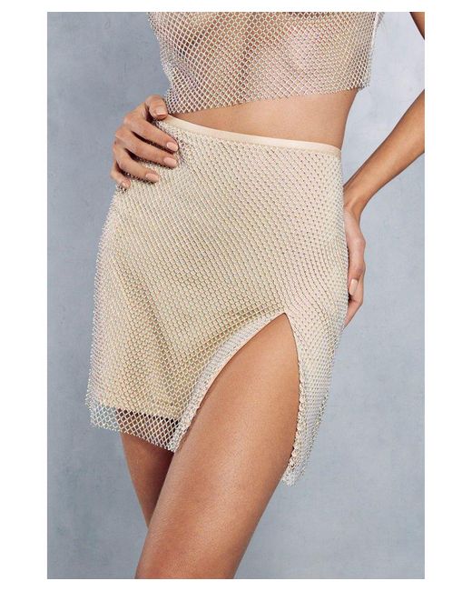 MissPap Gray Diamante Fishnet Split Mini Skirt