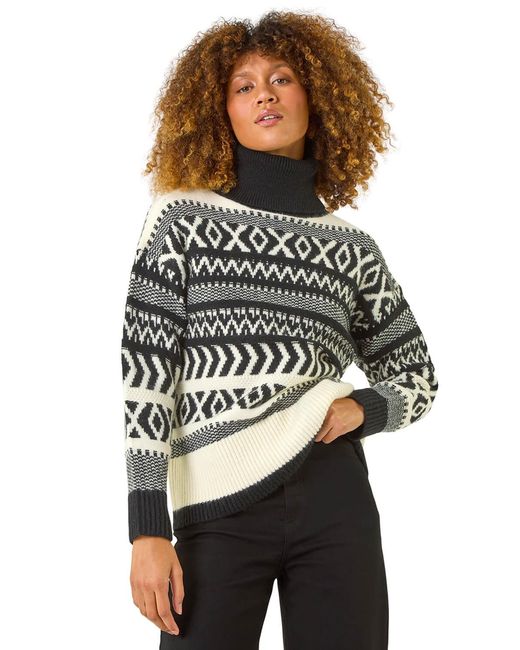 Roman Black Roll Neck Cross Stitch Knit Jumper