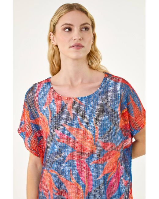 Roman Blue Leaf Print Mesh Overlay Top