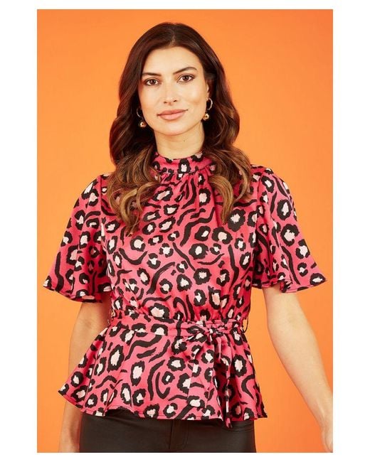 Mela London Red Animal Print Belted High Neck Top