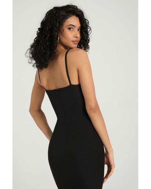 Hiccup Black Plunge Neck Strappy Midi Bodycon Dress