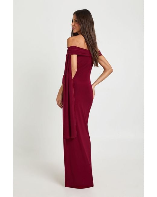 Boohoo Red Twist Detail Off Shoulder Drape Maxi Dress
