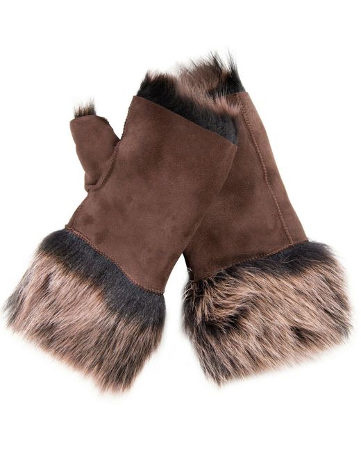 Infinity Leather Brown Shearling Mittens Fingerless Cuffs Toscana Suede Sheepskin Fur
