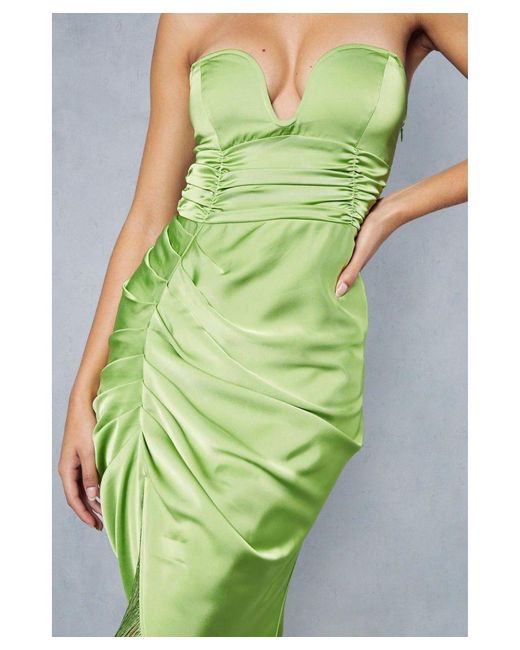 MissPap Green Premium Satin V Bar Tassle Hem Draped Midi Dress