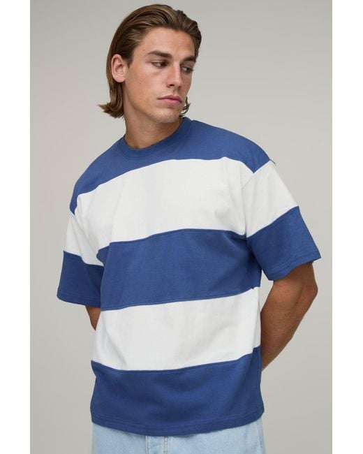 BoohooMAN Blue Oversized Colour Block Stripe T-Shirt for men