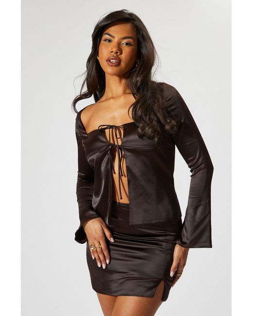 MissPap Black Satin Tie Front Top & Skirt Co-Ord