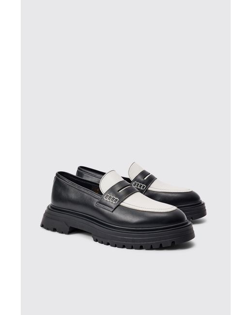 BoohooMAN Black Pu Slip On Contrast Chunky Loafer for men