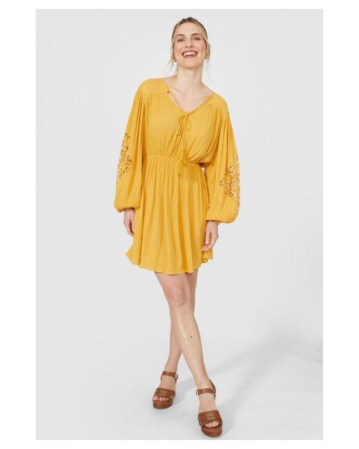 Mantaray Yellow Longsleeve Lace Trim Dress Viscose