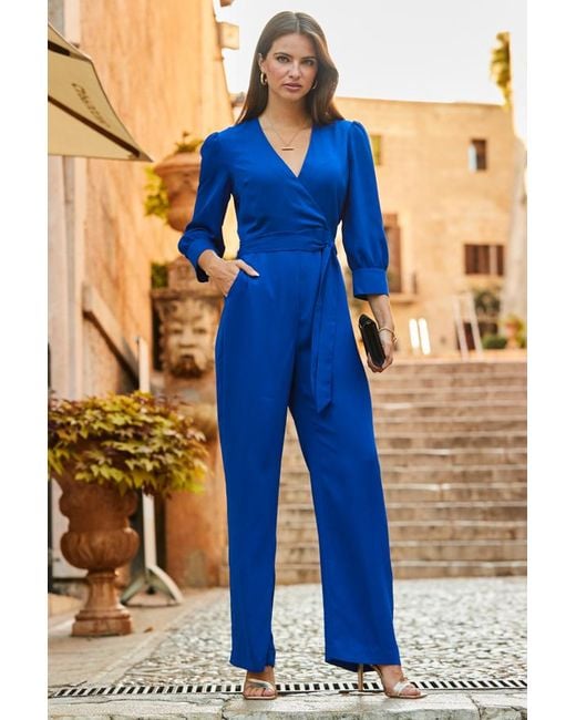 Sosandar Blue Cobalt Tailored Wrap Front Tie Waist Jumpsuit