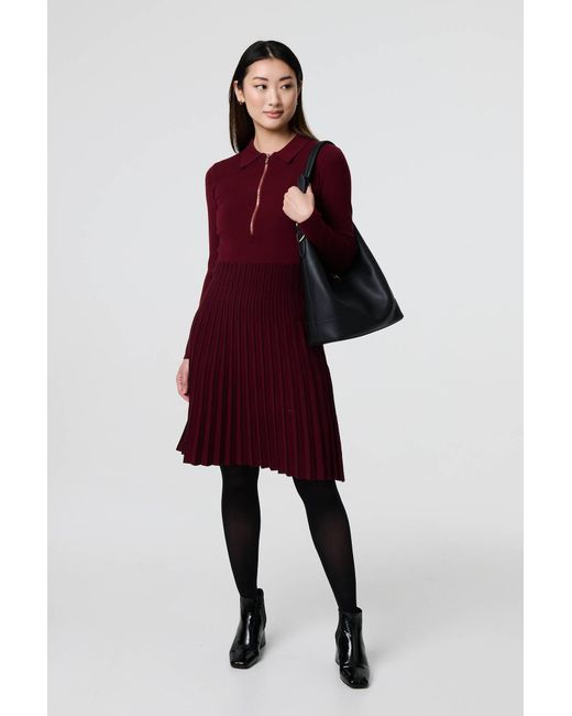 Izabel London Red Zip Collar Pleated Knit Midi Dress