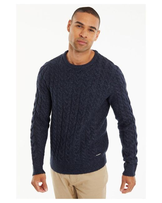 Threadbare Blue 'Darley' Cable Knit Crew Neck Jumper Acrylic/Polyester for men