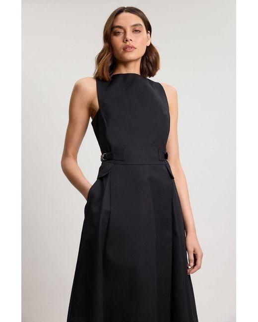 Karen Millen Black Premium Cotton Tailored Fabric Belted Buckle Midi Dress