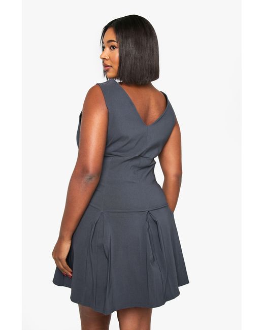 Boohoo Blue Plus Bengaline Plunge Pleated Skirt Mini Dress