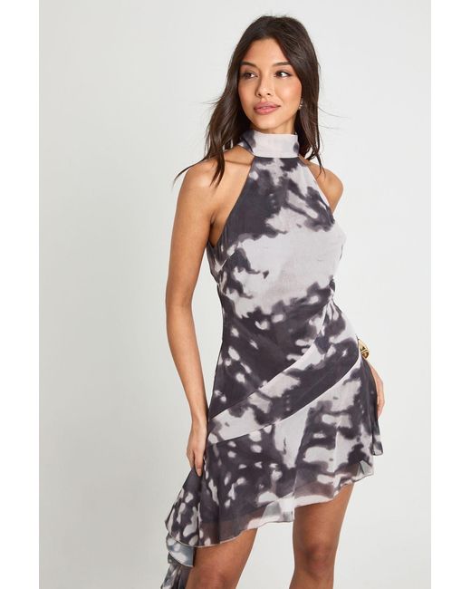 Boohoo Black Chiffon Halterneck Ruffle Mini Dress