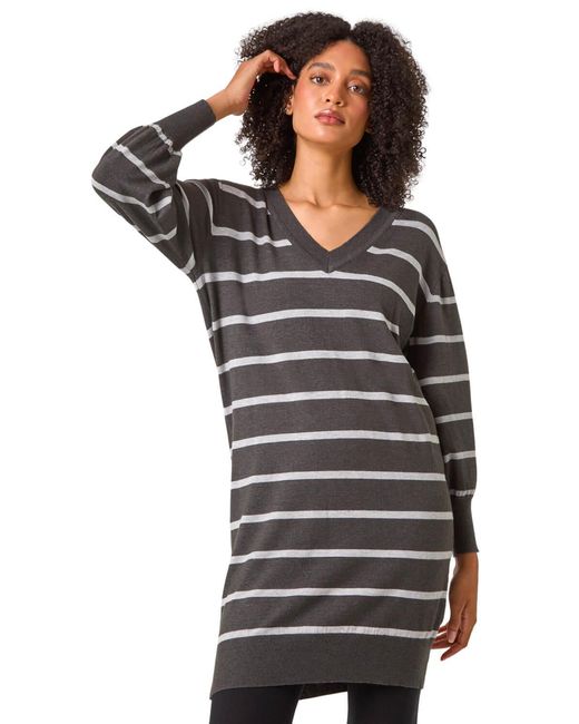 Roman Black Stripe V-Neck Knit Jumper Dress
