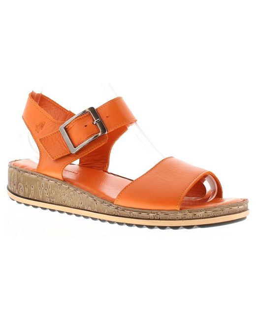 Hush Puppies Sandals Low Wedge Ellie Leather Buckle Orange Leather