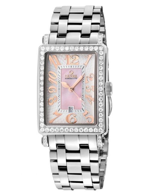 Gevril White Ave Of Americas Mini Swiss Quartz Diamond Case, Mop Dial Watch