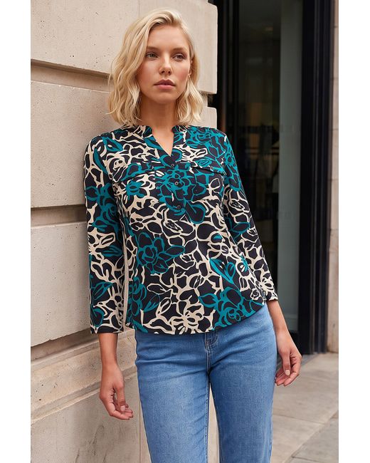 Roman Blue Petite Abstract Print Button Top
