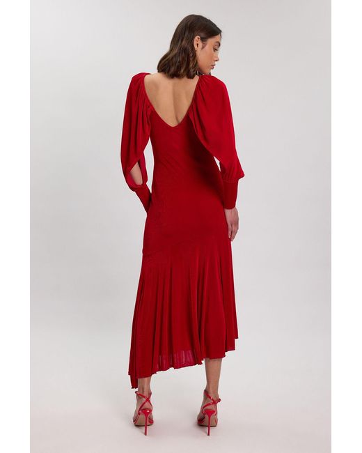Karen Millen Red Drapey Crepe V Neck Back Sleeved Maxi Dress