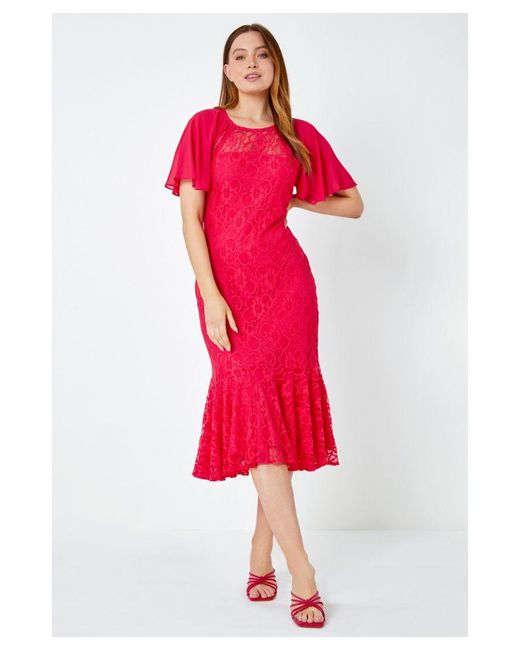 Roman Red Angel Sleeve Stretch Lace Midi Dress