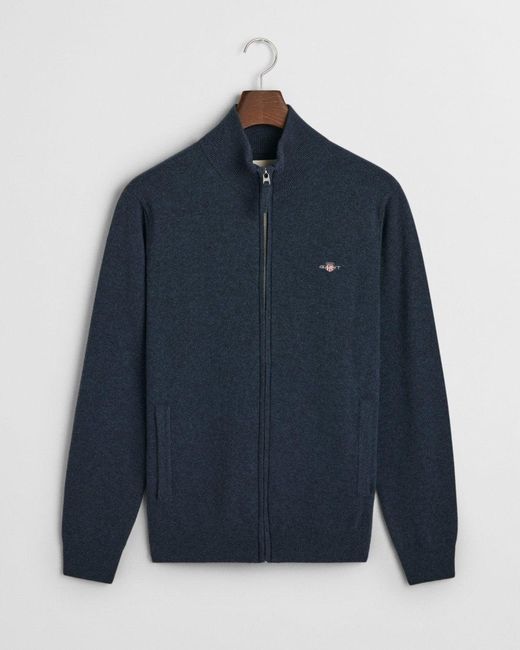 Gant Blue Superfine Lambswool Full Zip Cardigan Colour: 480 Dark Melange, Size: L for men