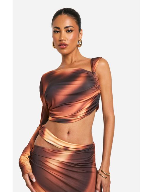 Boohoo Brown Printed Slinky One Shoulder Ruched Side Top