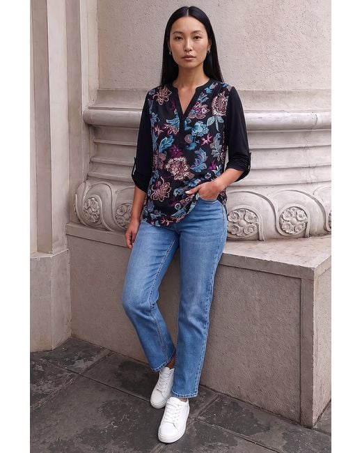 Roman Blue Floral Puff Print Stretch Shirt