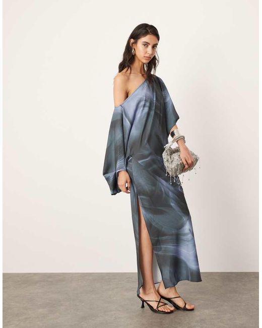 ASOS Blue Satin Slouchy Off Shoulder Maxi Dress