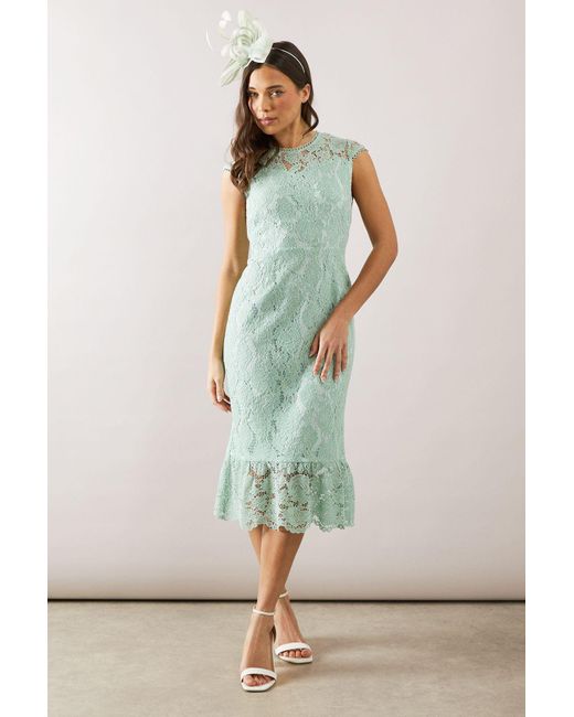 Wallis Green Petite Cap Sleeve Flute Hem Lace Pencil Dress
