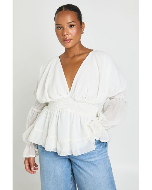 Boohoo White Plus V Neck Blouson Sleeve Volume Smock Top