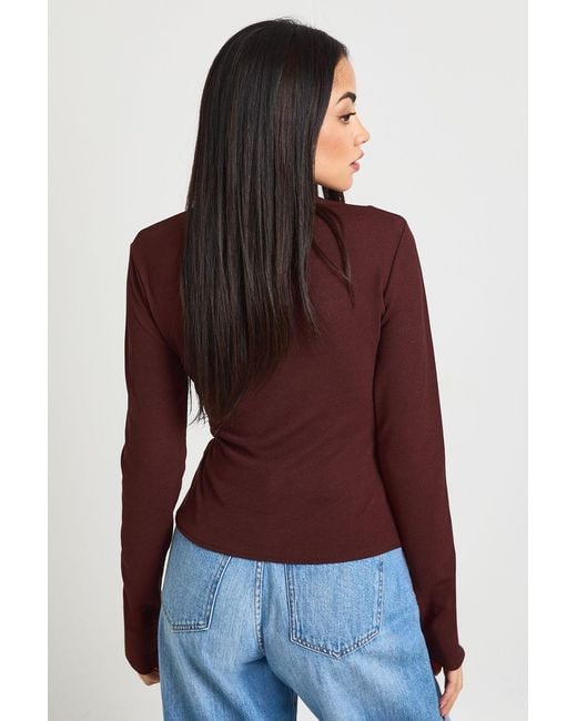 Boohoo Red Rib Long Sleeve Keyhole Detail Top With Bead Trim