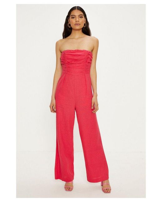 Oasis Red Linen Mix Ruched Detail Strapless Jumpsuit