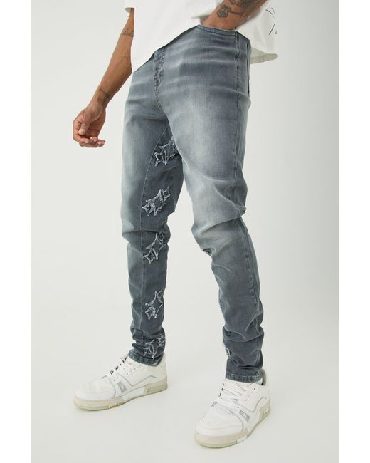 BoohooMAN Blue Tall Skinny Stretch Overdyed Applique Gusset Jeans for men