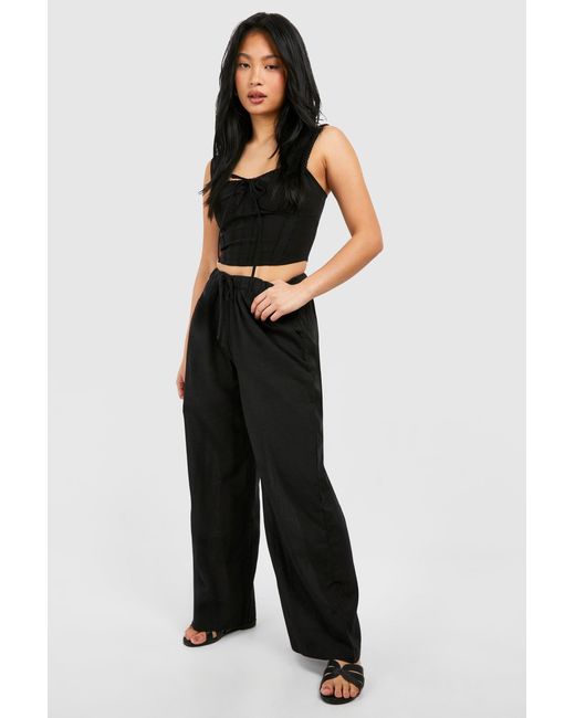 Boohoo Black Petite Linen Look Drawstring Trouser