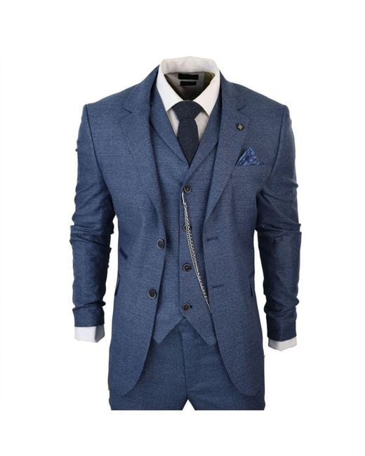 TruClothing Blue 3 Piece Prince Of Wales Check Suit for men