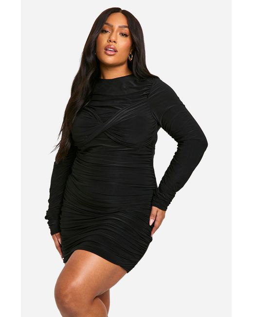 Boohoo Black Plus Slinky Twist Detail Ruched Mini Dress