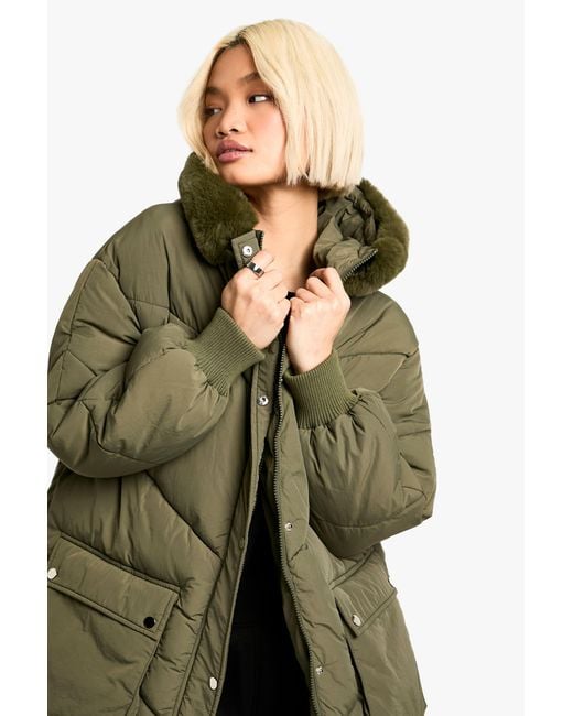 Boohoo Green Faux Fur Hooded Parka