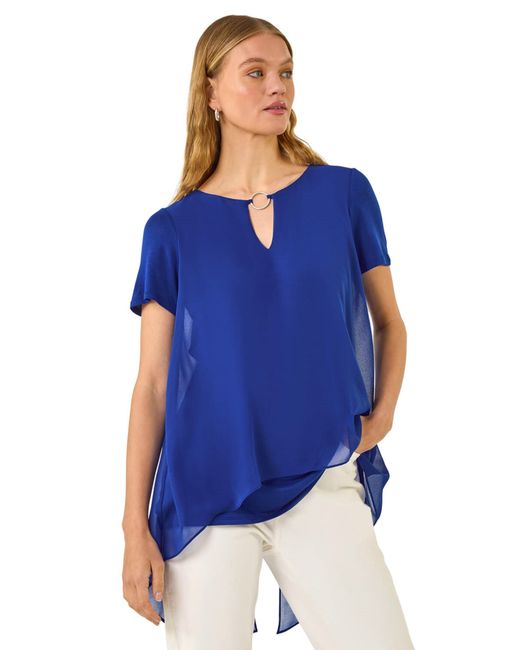 Roman Blue Ring Front Chiffon Overlay Top