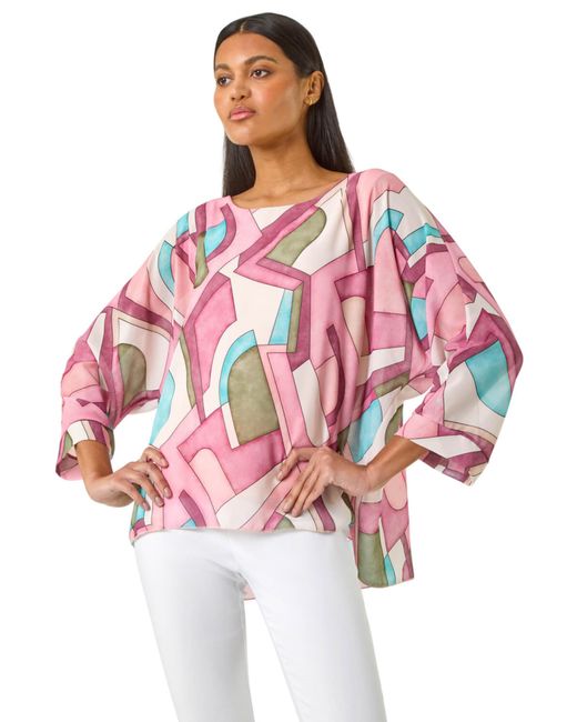 Roman Red Abstract Print Overlay Tunic Top