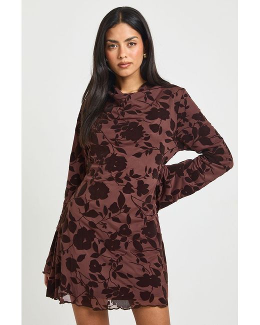 Boohoo Brown Devore High Cowl Mini Dress
