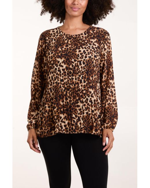 Blue Vanilla Brown Leopard Print Pleated Top