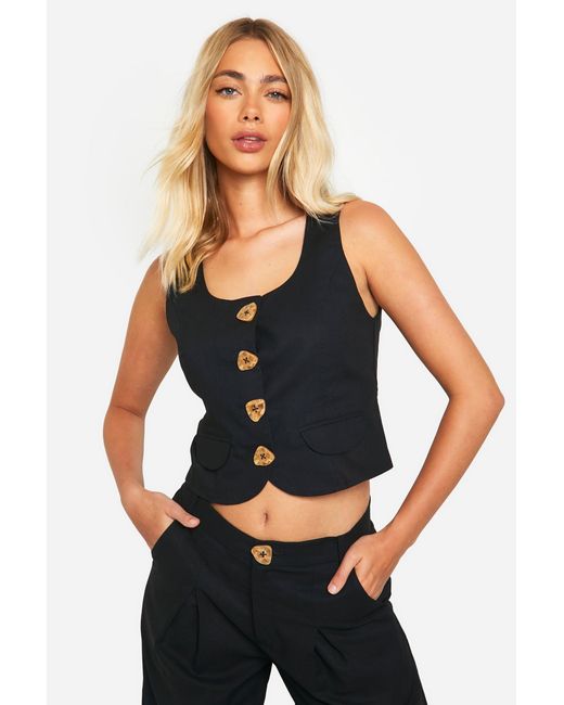 Boohoo Black Linen Look Scoop Neck Waistcoat