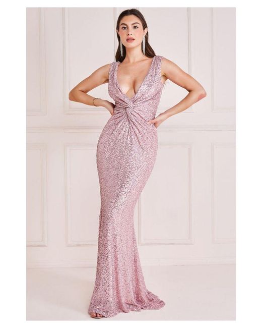 Goddiva Pink Twisted Front Sequin Maxi