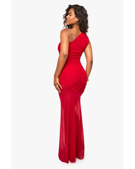 Boohoo Red One Shoulder Ruched Mesh Maxi Dress