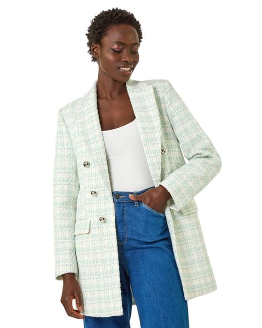 Roman Blue Longline Checkered Boucle Jacket