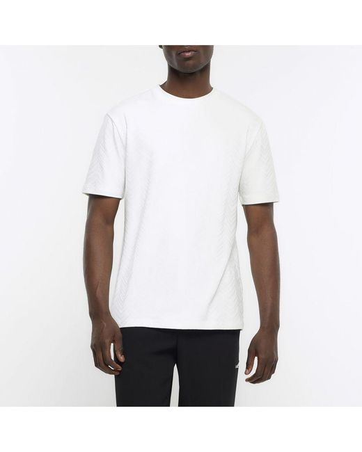 River Island White T-Shirt Regular Textured Embroidered Cotton for men