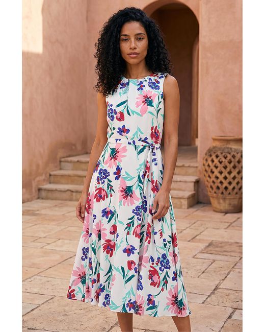 Roman Brown Pleat Neck Floral Midi Dress